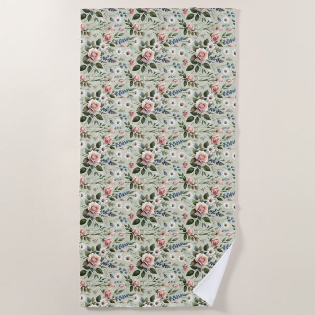 Vintage Pastel Floral Botanical Pattern Beach Towel (Front)