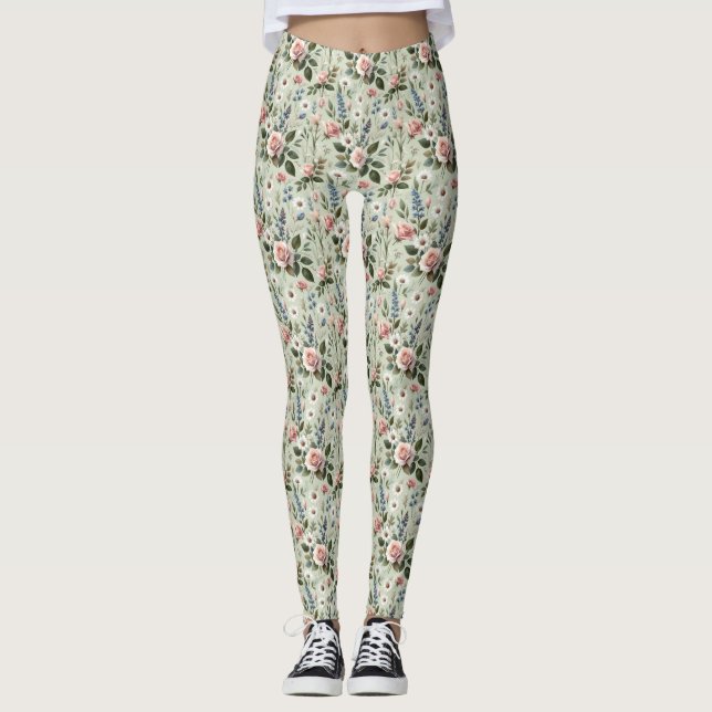 Vintage Pastel Floral Botanical Pattern Leggings (Front)