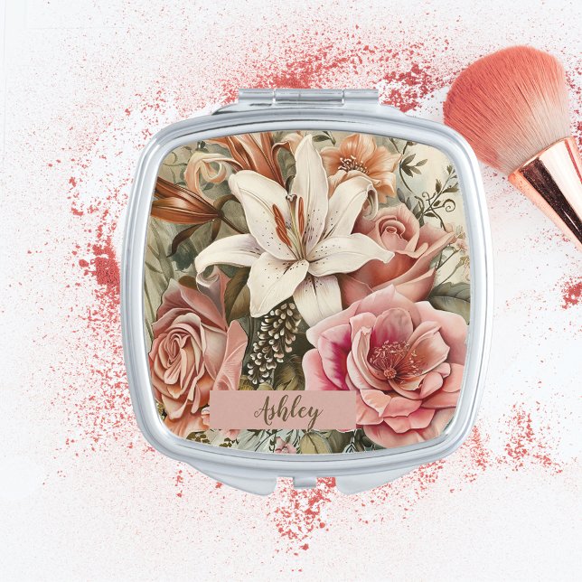Vintage Pastel Floral Personalized Compact Mirror (Creator Uploaded)