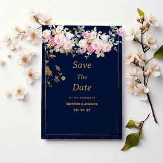 Vintage pastel flower gold navy blue Save The Date Invitation