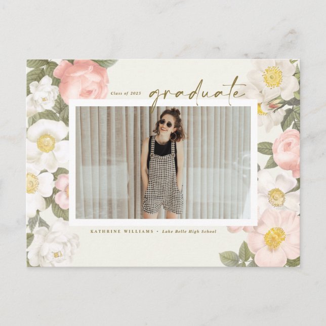 Vintage Pastel Flowers Beige Photo Graduation Announcement Postcard (Front)