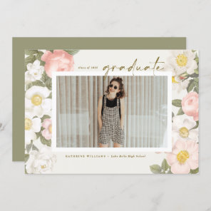 Vintage Pastel Flowers Beige Photo Graduation Invitation