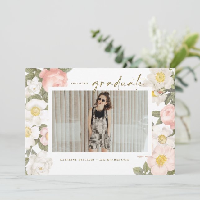Vintage Pastel Flowers White Photo Graduation Invitation (Standing Front)