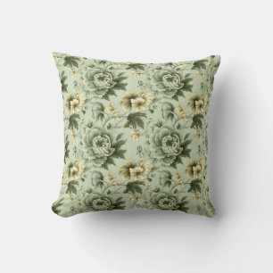 Vintage pastel green cream shabby chic roses throw pillow