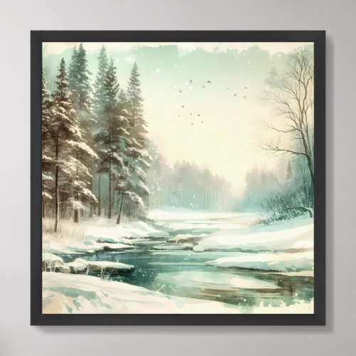 Vintage pastel green snowy winter forest poster