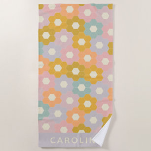 Vintage Pastel Hexagon Flower Pattern Personalized Beach Towel