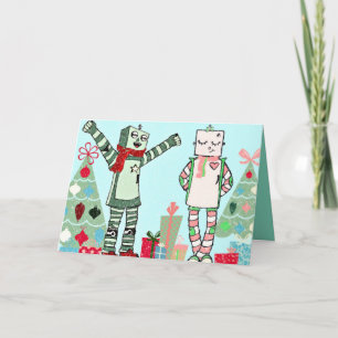 Vintage Pastel Holiday Robots with Trees & Gifts Card