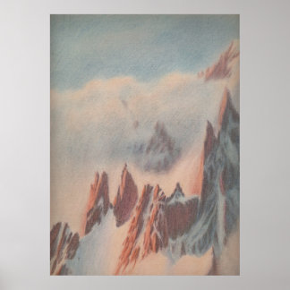 Vintage pastel mountain glacier landscape drawing poster