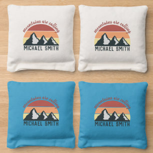 Vintage pastel mountains are calling monogram grey cornhole bags