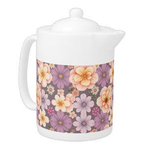 Vintage pastel peach & lavender floral cottagecore teapot