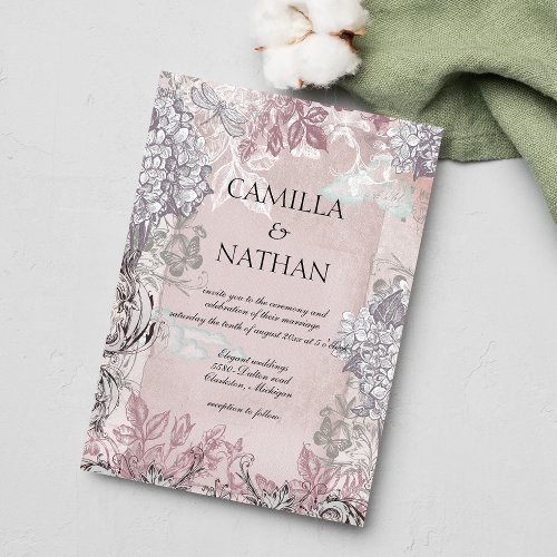 Vintage pastel pink classic script floral wedding invitation