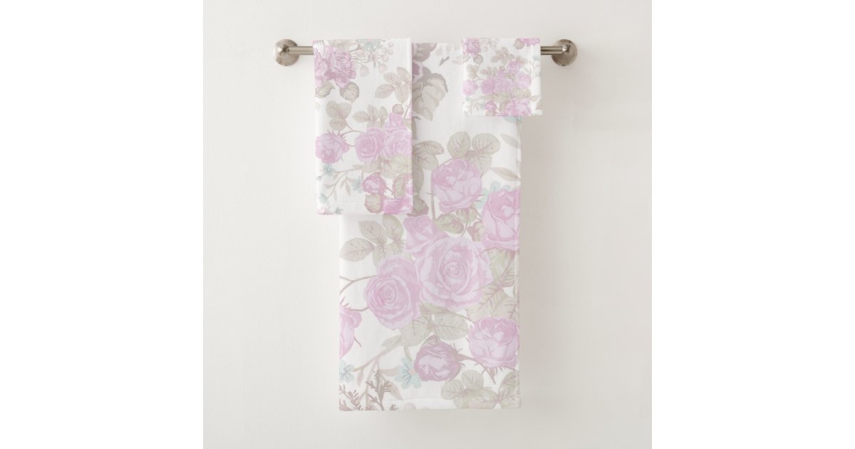 Vintage pastel pink green romantic roses floral bath towel set | Zazzle