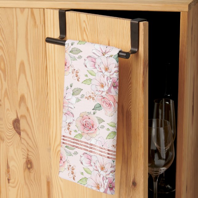 Vintage pastel pink roses pattern kitchen towel (Thirds Fold)