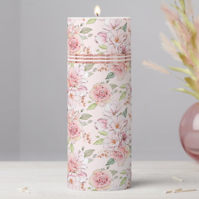 Vintage pastel pink roses pattern pillar candle (In Situ)