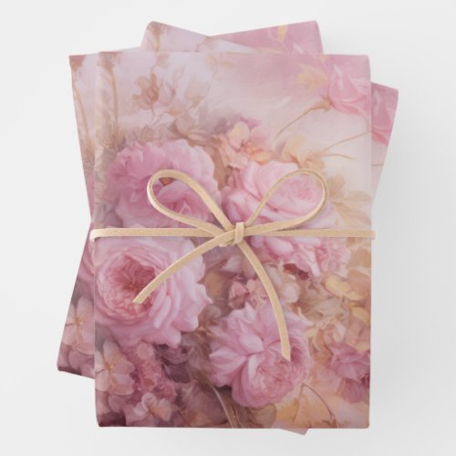 Vintage Pastel Pink Roses with Gold Accents  Wrapping Paper Sheets