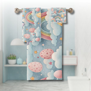 Vintage Pastel Rainbow Easter Eggs with Clouds Bath Towel Set