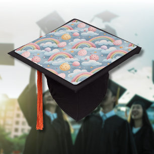 Vintage Pastel Rainbow Easter Eggs with Clouds Graduation Cap Topper