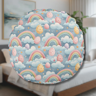 Vintage Pastel Rainbow Easter Eggs with Clouds Round Pillow