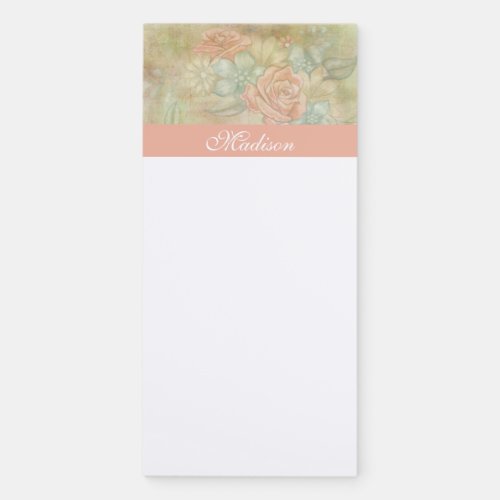 Vintage Pastel Teal  Peach Floral Elegant Name Magnetic Notepad