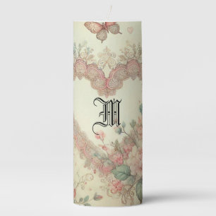 Vintage Pastel Watercolor Boho Floral Hearts Pillar Candle