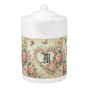 Vintage Pastel Watercolor Boho Floral Hearts Teapot