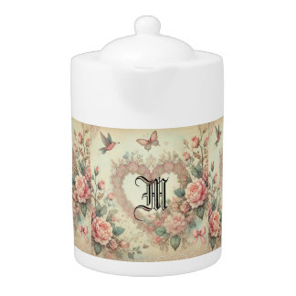 Vintage Pastel Watercolor Boho Floral Hearts Teapot