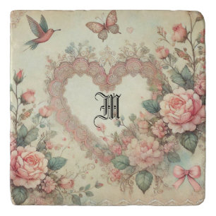 Vintage Pastel Watercolor Boho Floral Hearts Trivet