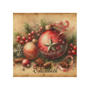 Vintage Pastel Watercolor Christmas Ornaments Wood Wall Art