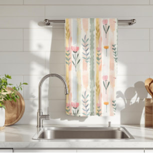 Vintage Pastel Watercolor Floral Stripes Kitchen Towel