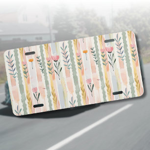 Vintage Pastel Watercolor Floral Stripes License Plate