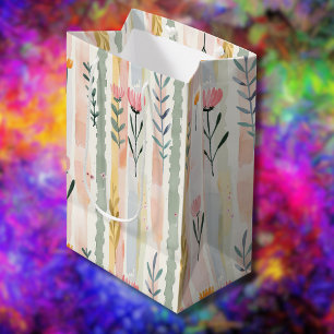 Vintage Pastel Watercolor Floral Stripes Medium Gift Bag