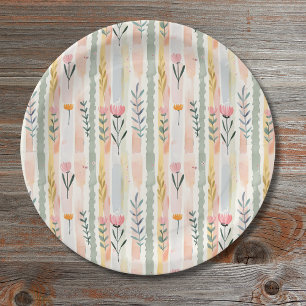 Vintage Pastel Watercolor Floral Stripes Paper Plates