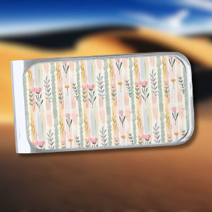 Vintage Pastel Watercolor Floral Stripes Silver Finish Money Clip