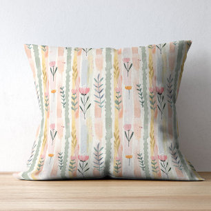 Vintage Pastel Watercolor Floral Stripes Throw Pillow