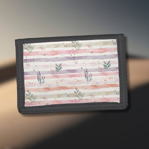 Vintage Pastel Watercolor Stripes Leaves Tri-fold Wallet