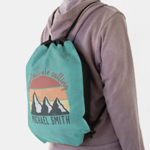 Vintage pastels mountains are calling monogram drawstring bag