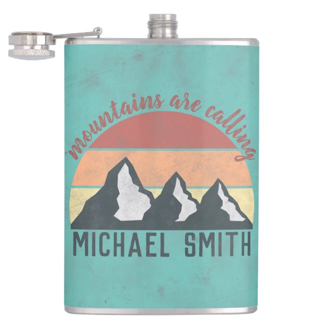 Vintage pastels mountains are calling monogram flask (Opened)