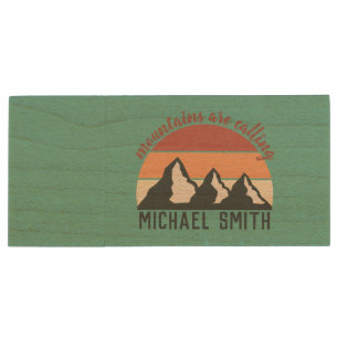 Vintage pastels mountains are calling monogram sky wood flash drive