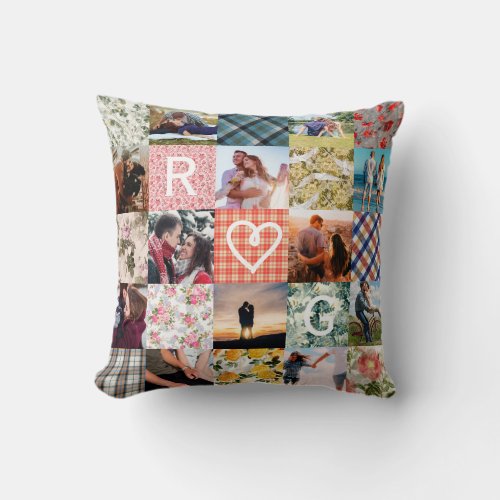 Vintage Patchwork Couples Initial Photo Throw Pillow - Vintage patchwork couples pillow featuring 12 photos for you to change to your own, a variety of quilt pattern squares, and your initials with a love heart. ATTENTION: This is a full printed pillow creating a patchwork effect, the patches are not sewn together like a traditional quilt.
