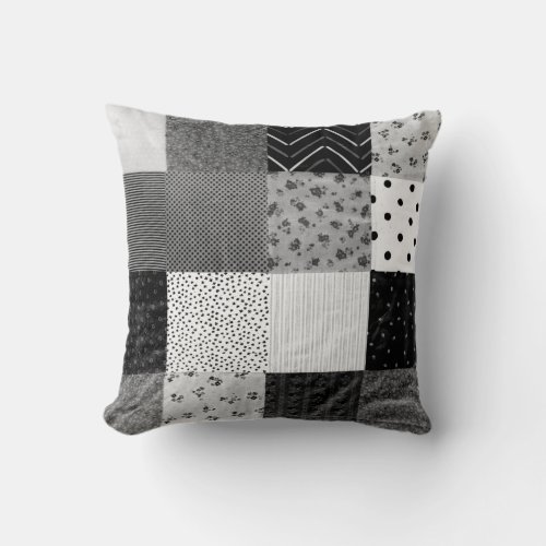 vintage patchwork fabric design black and white throw pillow