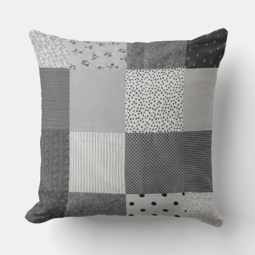 vintage patchwork fabric design black and white throw pillow