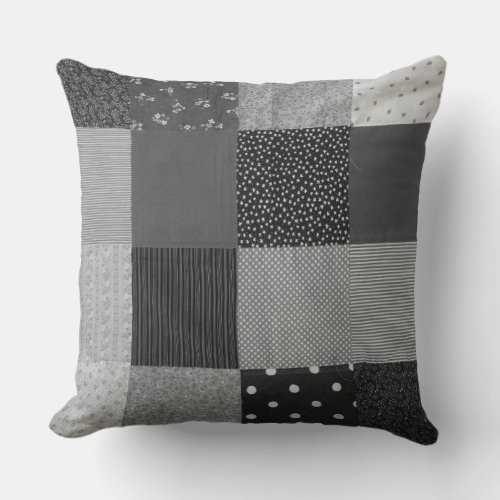 vintage patchwork fabric design black and white throw pillow