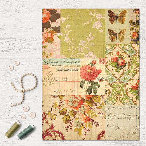 Vintage Patchwork Flowers and Ephemera Decoupage Tissue Paper
