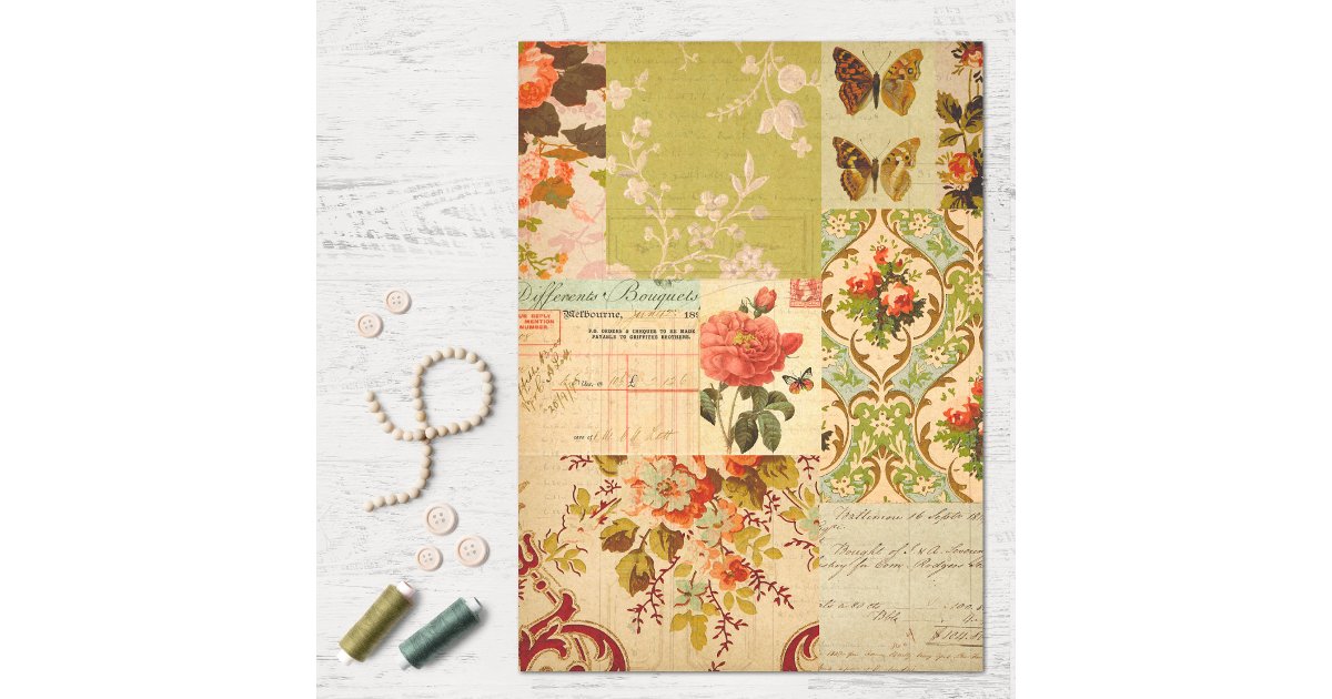 Vintage Patchwork Flowers and Ephemera Decoupage Tissue Paper | Zazzle