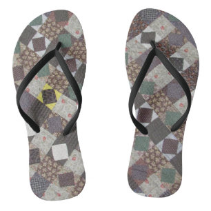 Vintage Patchwork Quilt Dark Colors Fabric Photo Flip Flops