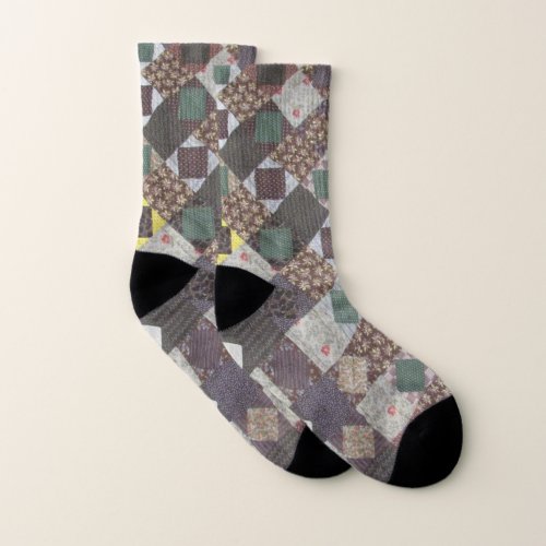 Vintage Patchwork Quilt Dark Colors Fabric Photo Socks