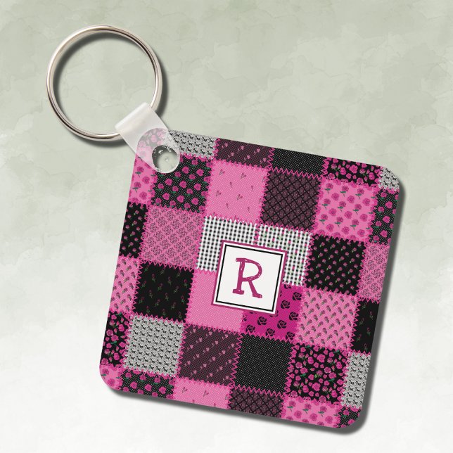 Vintage Patchwork Quilt Pink and Black Keychain (Creator Uploaded)