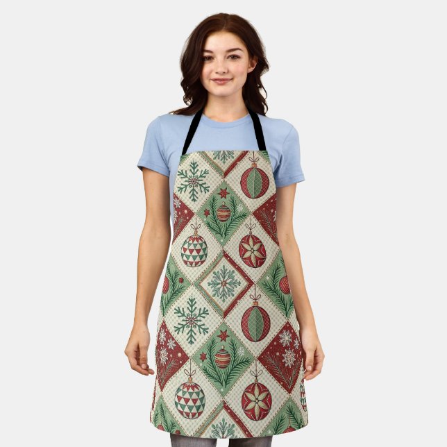 Vintage Patchwork Quilted Christmas Pattern Apron (Worn)