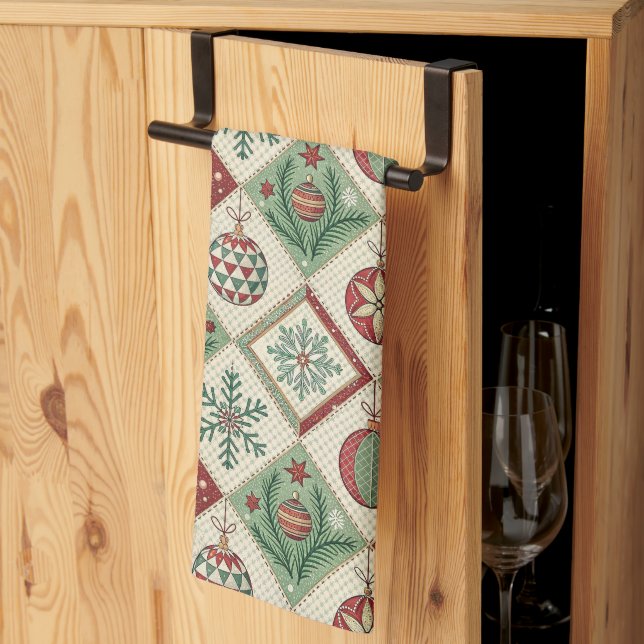 Vintage Patchwork Quilted Christmas Pattern Kitchen Towel (Thirds Fold)