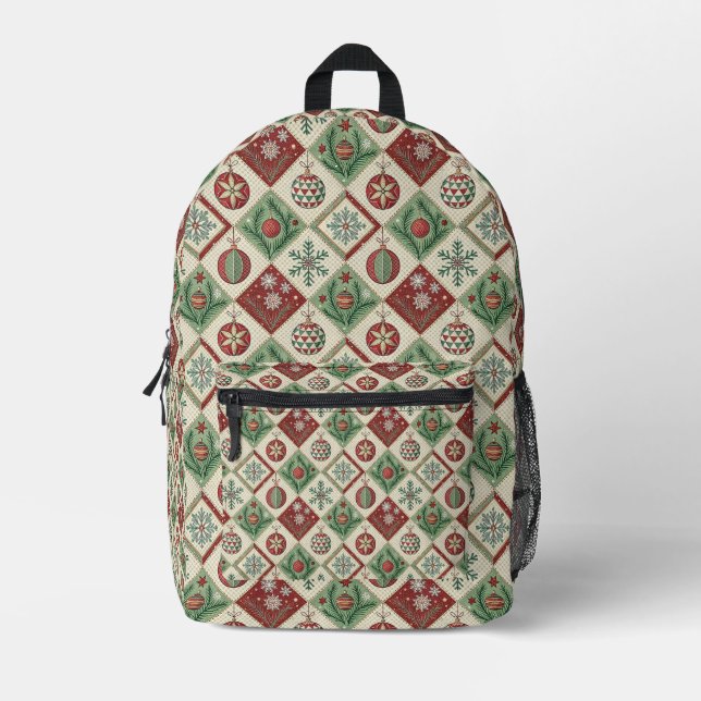 Vintage Patchwork Quilted Christmas Pattern Printed Backpack (Front)
